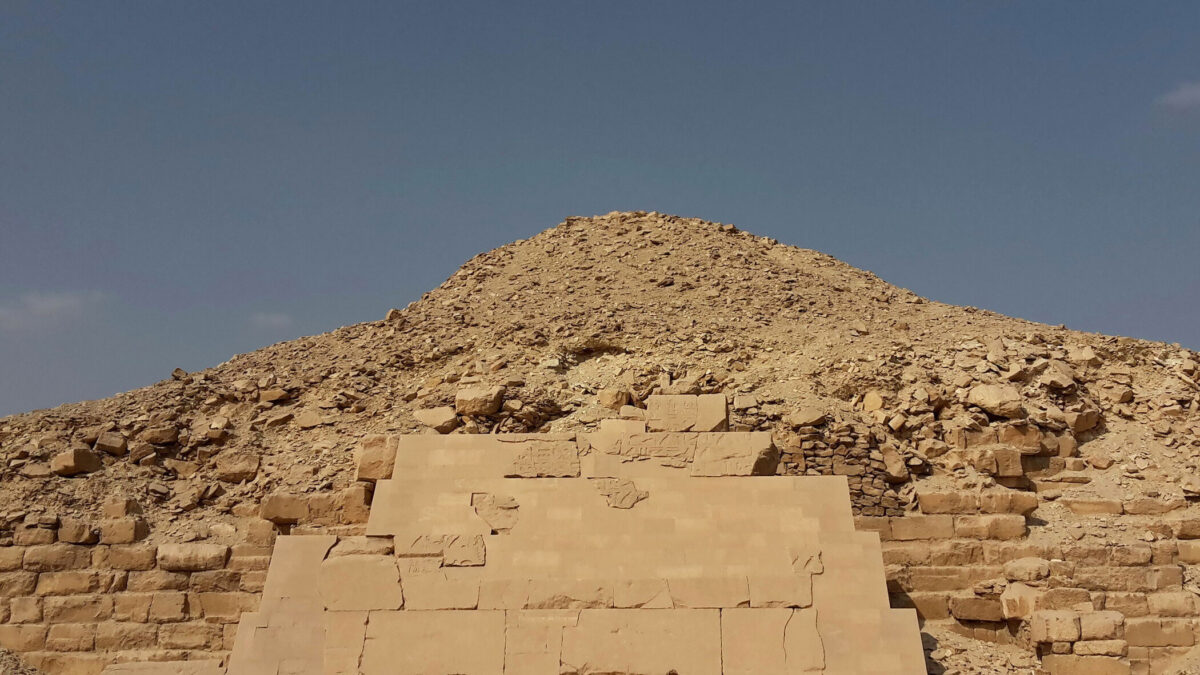 View of the north side of Unas’ pyramid with the restauration inscription of Prince Khaemwaset (© OeAW-OeAI/R. Gundacker)