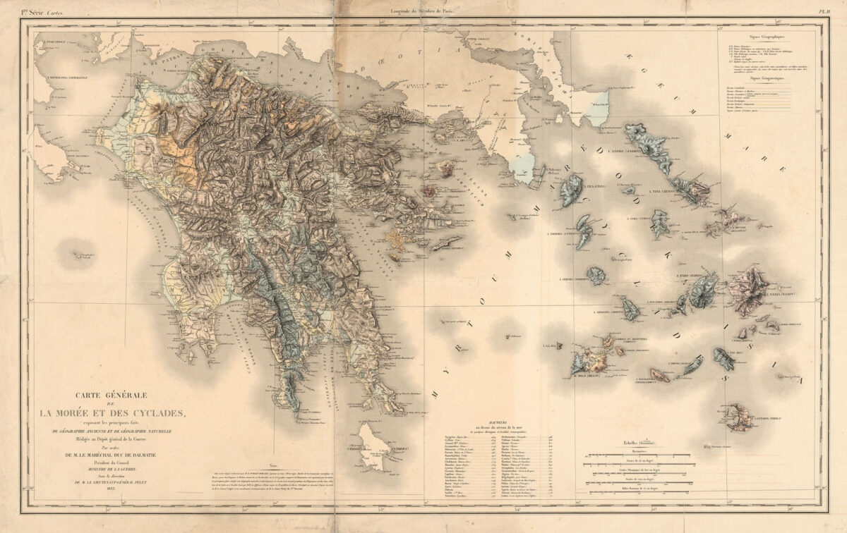 Map of the geological configurations and ruins of the Peloponnese, from the Atlas of the Scientific Expedition to the Morea, Paris 1833. George Costopoulos Collection.
