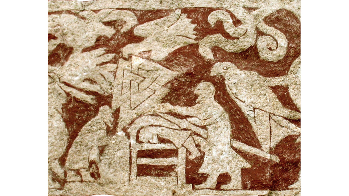 Detail from Stora Hammars I, Sweden shows a man lying on his belly with another man using a weapon on his back. Note the triangular Valknut symbol above, which is theorized to represent an ecstatic state.