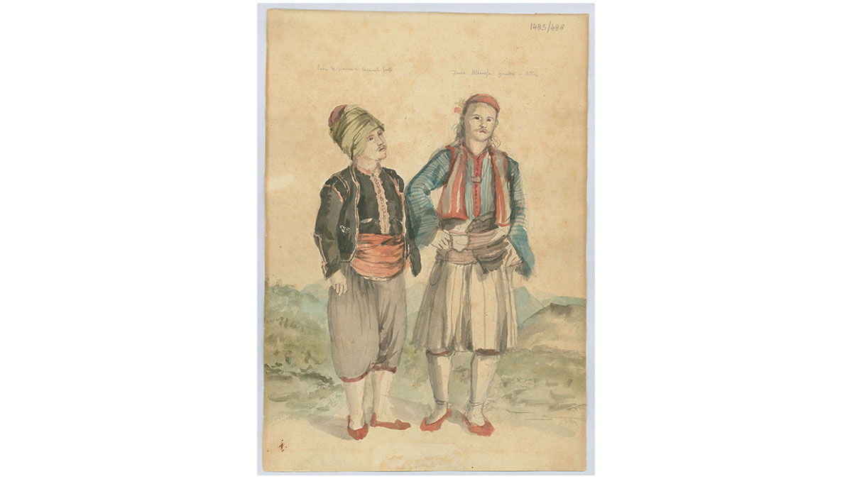 Fig. 12. Turkish tailor and Turkish-Albanian guard of Athens. G. Pitzamanos, 1818, EIM Collections.