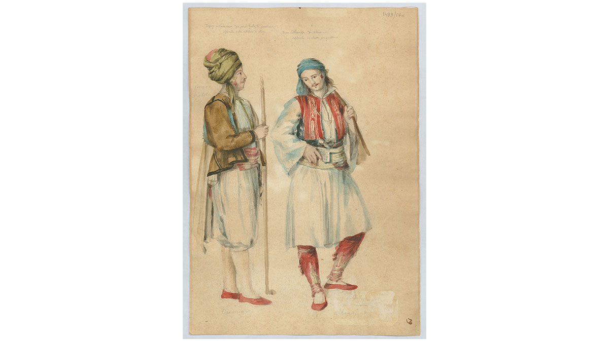 Fig. 13. Turkish topçu (artilleryman) and Turkish-Albanian guard who “live in the castle of Athens”. G. Pitzamanos, 1818,  ΕΙΜ Collections.