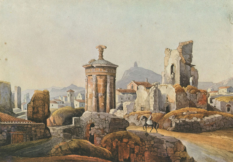 Fig. 39. The Choragic Monument of Lysicrates surrounded by the ruins of the Capuchin Monastery after the destruction of 1821, Peytier Album, 1833-1836.