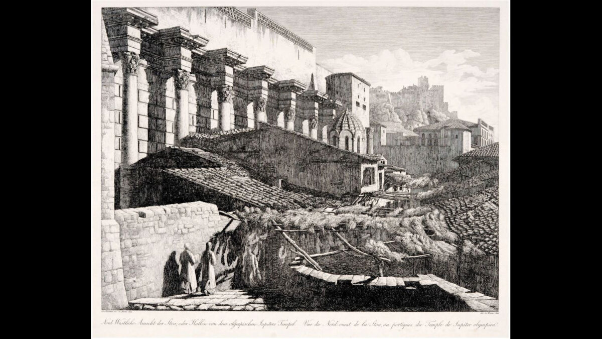 Fig. 6. The konak of the Voivode of Athens in the ruins of Hadrian’s Library, from the NW. J. Thürmer, 1819.