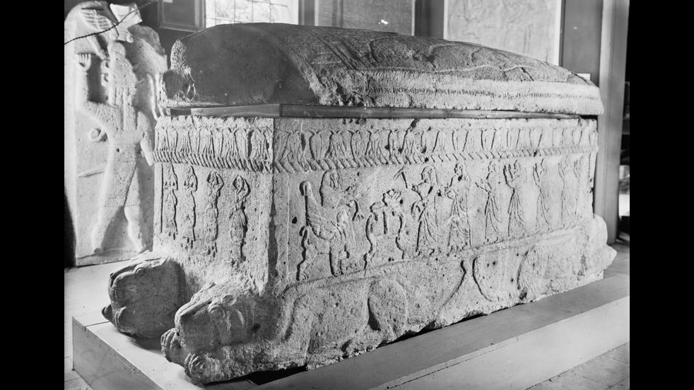 Sarcophagus of Ahiram, King of Biblos (Phoenicia) in XIII-X c. BC. Kept in Beirut National Museum. Sarcophagus made in around 1000 BC.