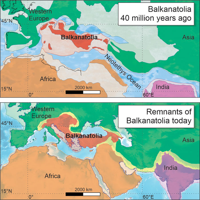 Map showing Balkanatolia 40 million years ago and at the present day. © Alexis Licht & Grégoire Métais