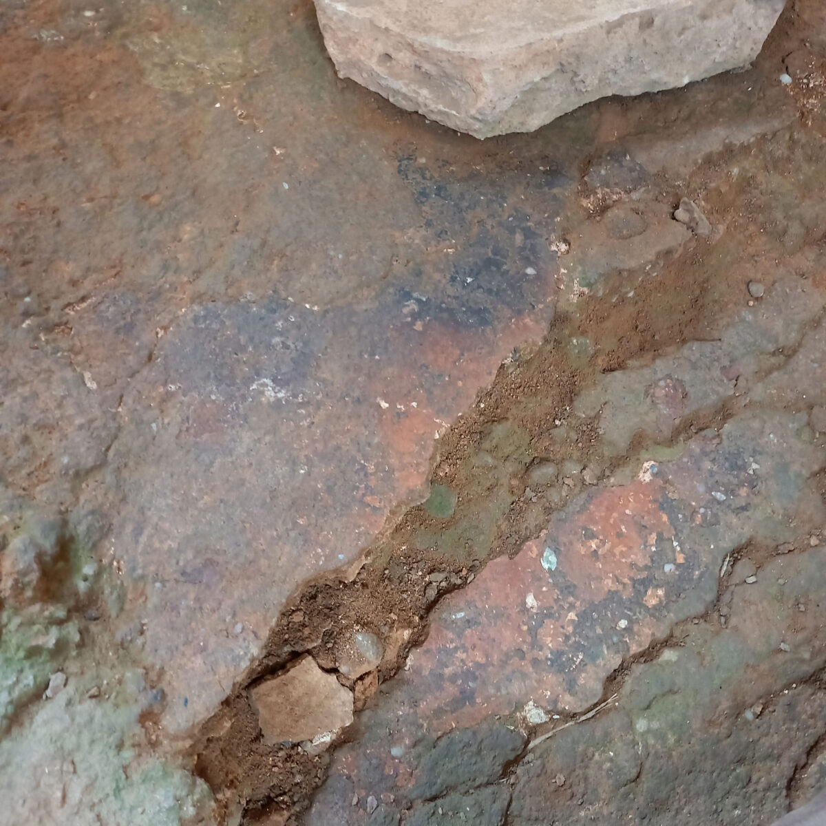 Fig. 6. Excavation on 1 Katre Street. Detail of the floor with red coating and strong signs of fire.