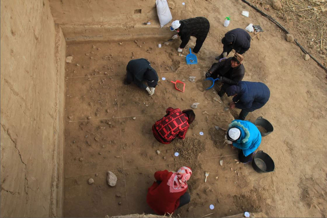 Archaeologists excavating the well-preserved surface at the Xiamabei site, northern China, showing stone tools, fossils, ochre and red pigments. Fa-Gang Wang