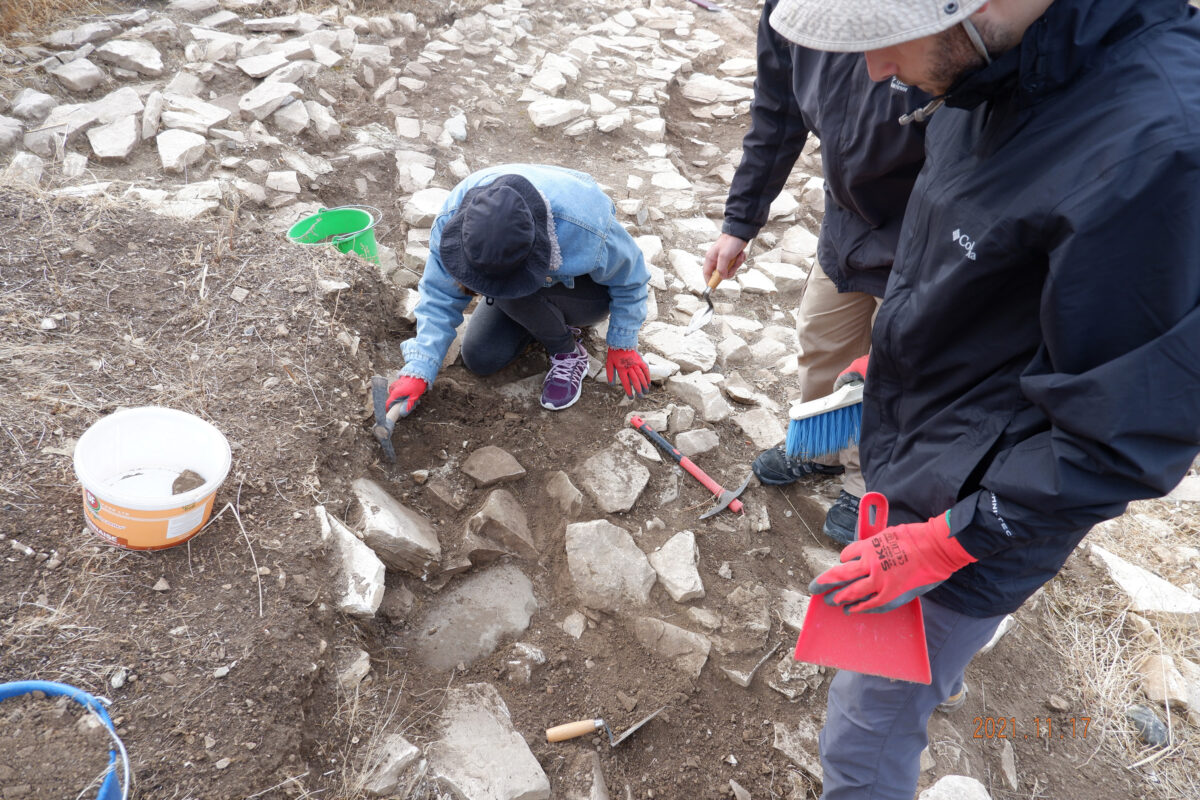 Investigating the curvilinear building.