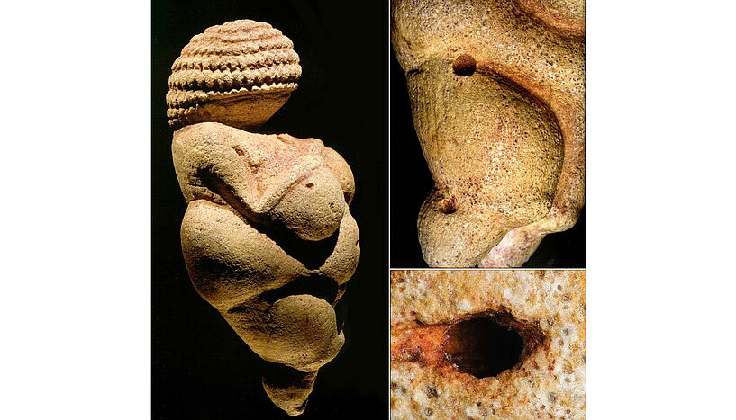 The original Venus from Willendorf. Left: lateral view. Right-top: hemispherical cavities on the righthaunch and leg. Right bottom: existing hole enlarged to form the navel. (© Kern, A. & Antl-Weiser, W. Venus. Editon-Lammerhuber, 2008))