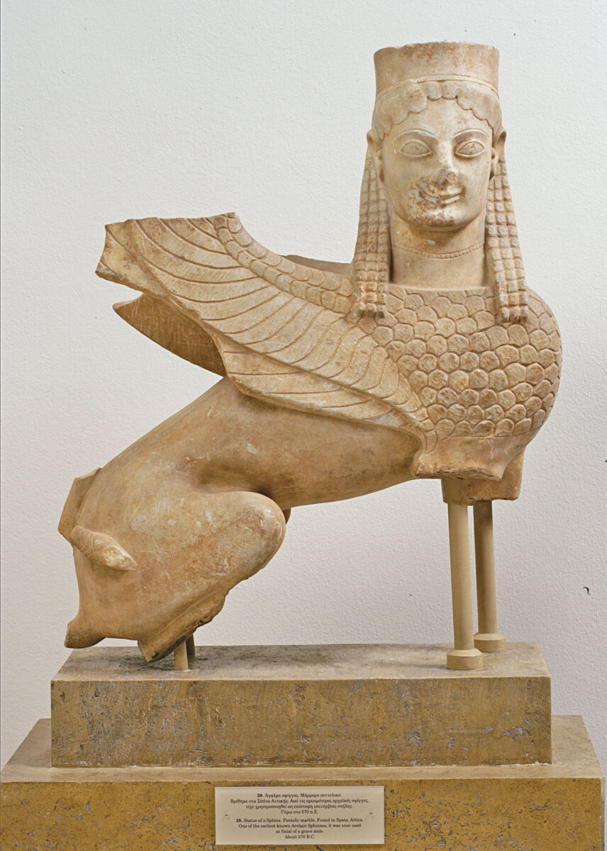 Statue of a Sphinx. Pentelic marble. Found in Spata, Attica. One of the earliest known Archaic Sphinxes, it was once used as finial of a grace stele. About 570 BC. Credit National Archaeological Museum and Hellenic Ministry of Culture and Sports. Photographer Eleytherios Galanopoulos