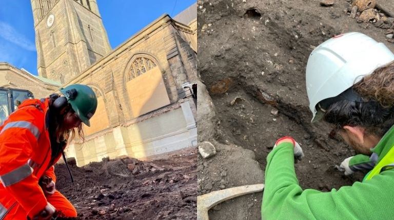 A ULAS archaeologist (left) excavates the burial ground at Leicester Cathedral, while another (right) excavates a 19th century burial. Credit: ULAS