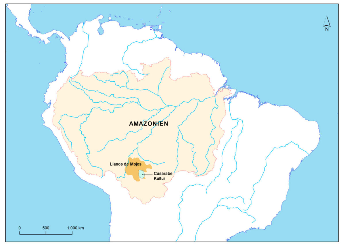 Map of the Llanos de Mojos savannah and the Casarabe Culture are.
