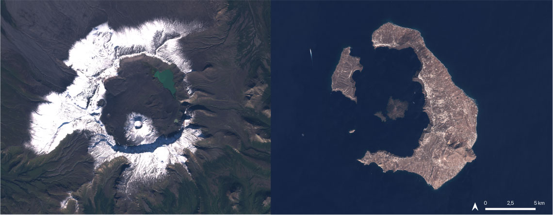 The volcanic craters of Aniakchak II (left) and Thera (right). Charlotte Pearson