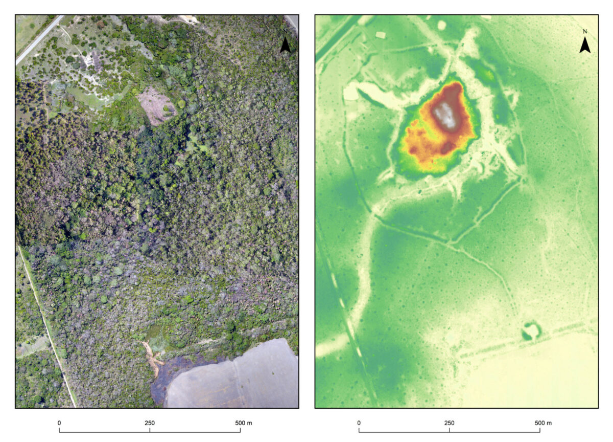 Two images of exactly the same area of the Salvatierra site. Left: a photo mosaic from drone footage; right: Lidar-image.