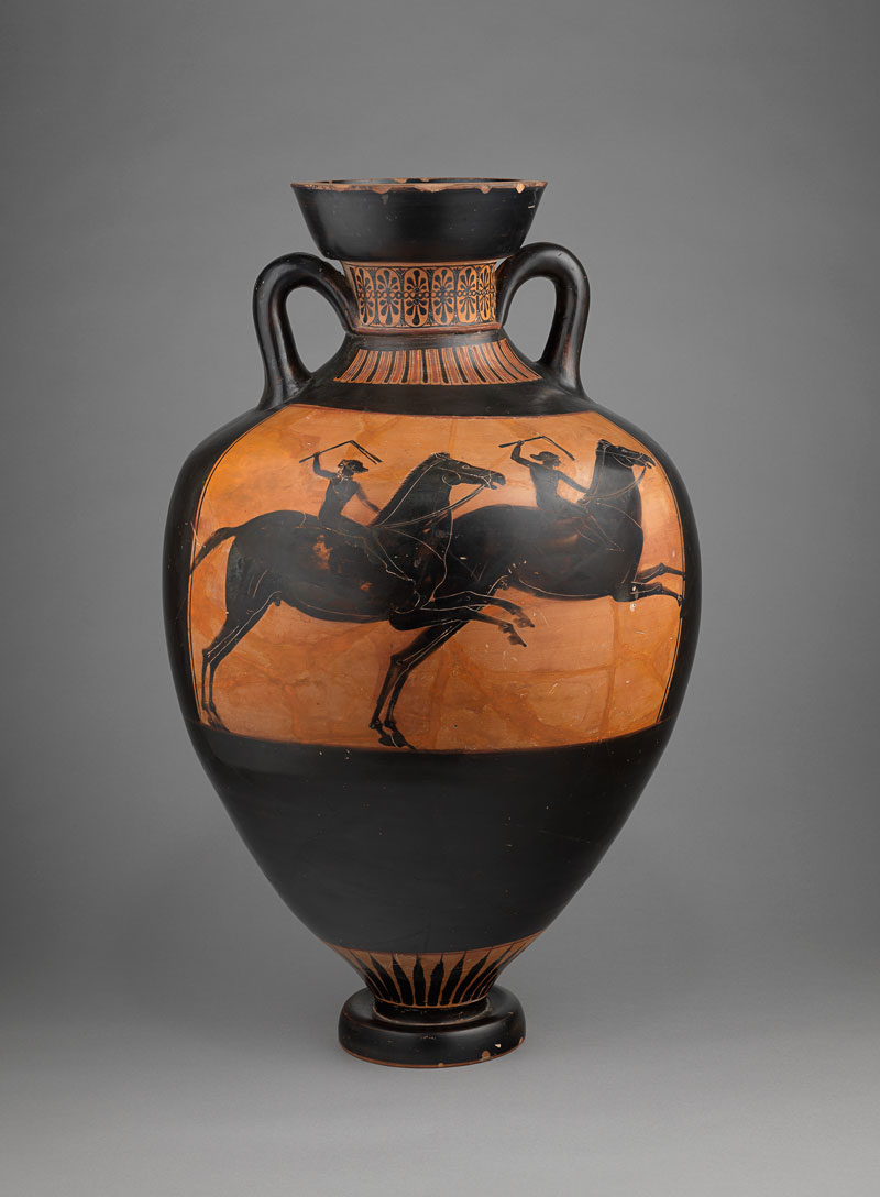 Attic black-figure Panathenaic amphora showing Athena Promachos and a horse
race; Attributed to the Eucharides painter; About 490 BC.
