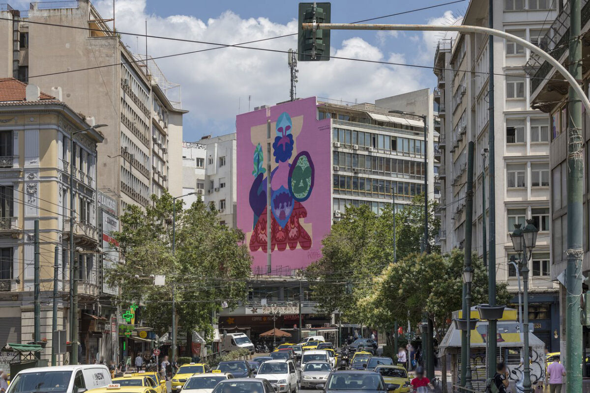 Aristeidis Lappas’ mural, entitled “She Who Protects” and situated close to Omonia Square. Photo: Stelios Tzetzias