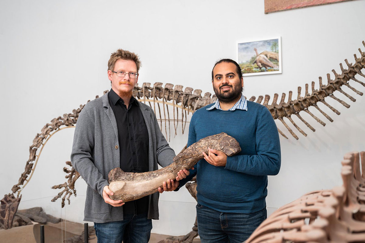 Ingmar Werneburg (left) and Omar Rafael Regalado Fernandez (right) hold a femur from Tuebingosaurus maierfritzorum.
