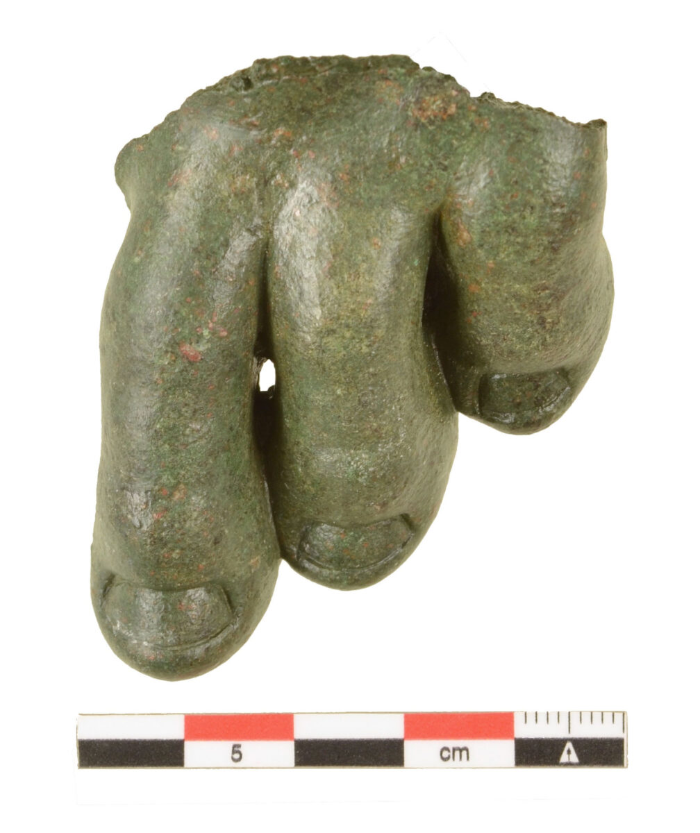 Three toes of the foot of  a bronze life sized statue. They were found in the area of the temples. Image credit: MOCAS.