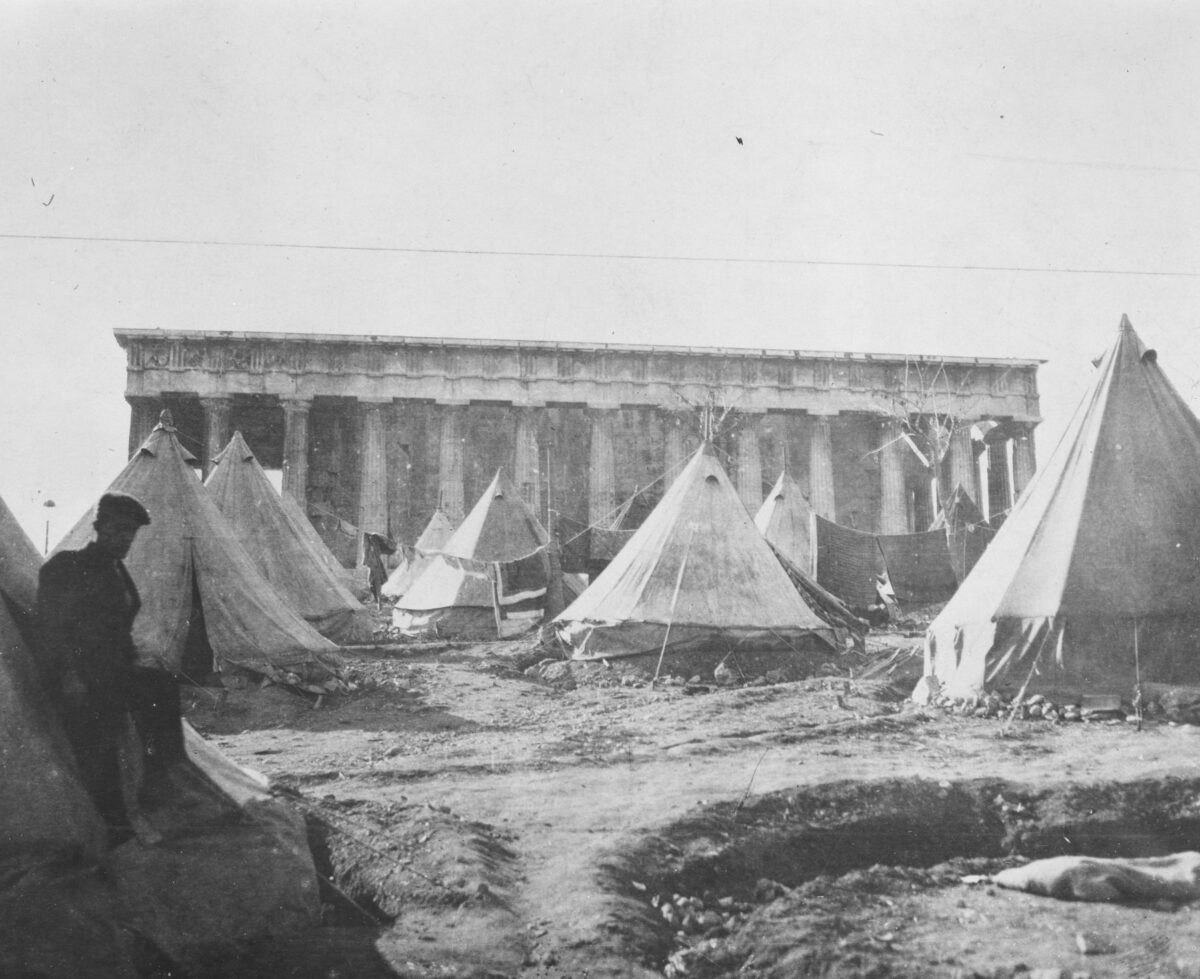 The refugee camp at the Thiseion (Temple of Hephaistos), Athens 1922.
 Library of Congress, Prints & Photographs Division, American National Red Cross Collection [reproduction number, LC-USZ62-139254].
