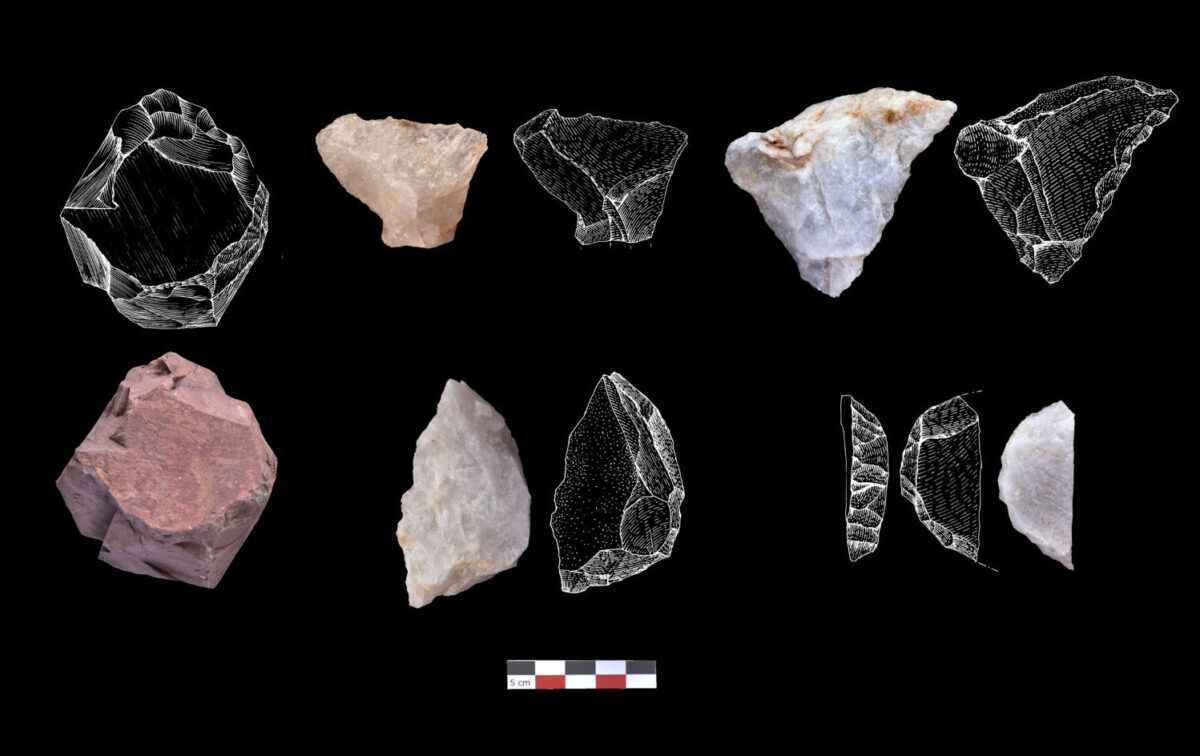Stone tools from the Petralona Cave and their drawings (Image credit: AMNA /A. Darlas).