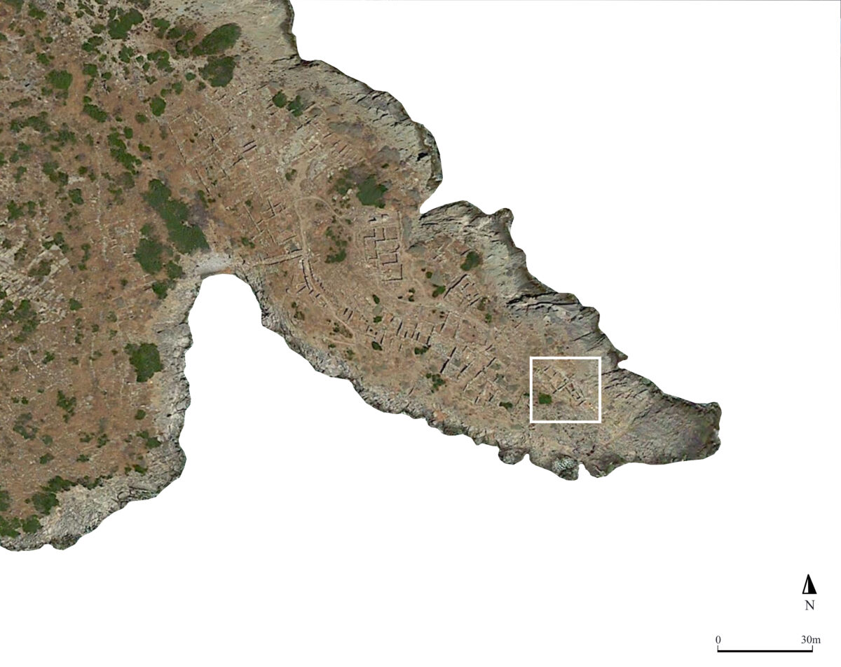 Location of the House of the Rhyta in the southeastern part of the Minoan settlement (source Google Maps).