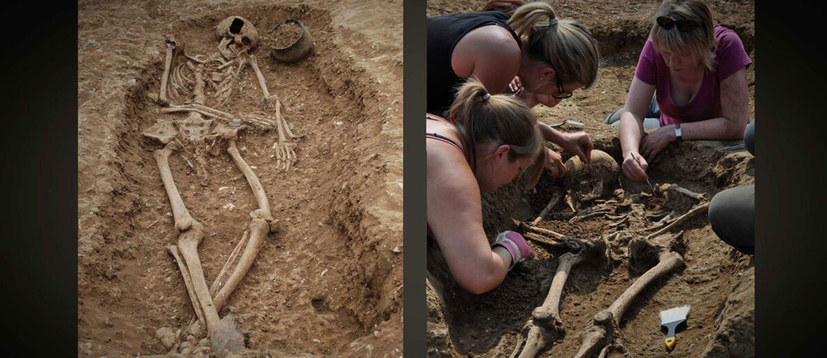 An early Anglo-Saxon grave (left) in Oakington, Cambridgeshire, contained a woman of mixed ancestry with a pottery vessel, brooches & a Roman Spoon. Archaeologists excavating grave 112 (right) in Oakington, Cambridgeshire, containing an adult male buried with a knife. Images © Professor Duncan Sayer.