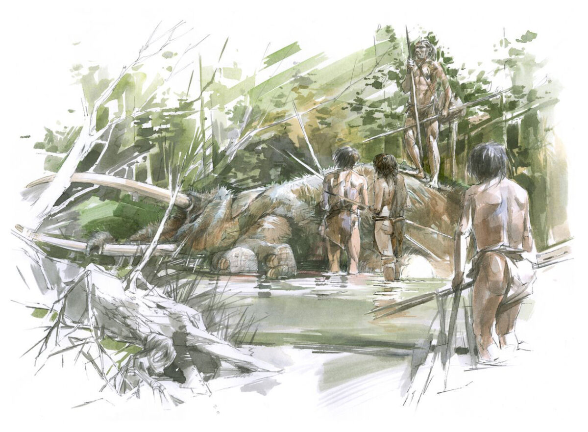 This is how the scene might have played out when people discovered the straight-tusked elephant's carcass 300,000 years ago in what is now Schöningen. They brought their tools with them. © Artist’s impression: Benoît Clarys
