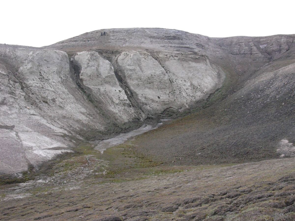 Main locality at the Kap København geological formation. At the bottom of the section the deep marine deposits are overlain by the coastal deposits of fine sandy material. The two people at the top are sampling for environmental DNA. Credit: Professor Svend Funder