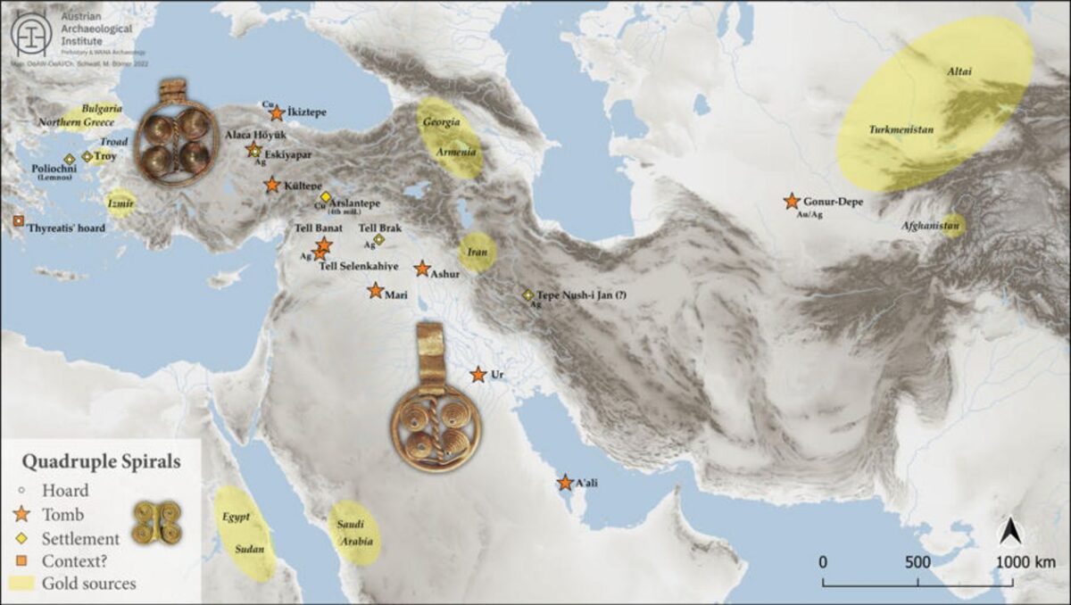 Known sites where deposits of gold were found in the Bronze Age and circulation of a striking earring with four small spirals. © Illustration from Numrich et al. 2022; Map: Ch. Schwall, M. Börner (ÖAI Wien) 