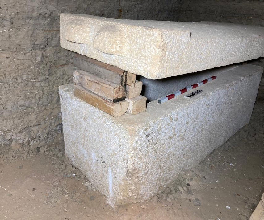 Stone sarcophagus found at Gisr el Mudir, Saqqara, Jan. 2023. Credit: Zahi Hawass.