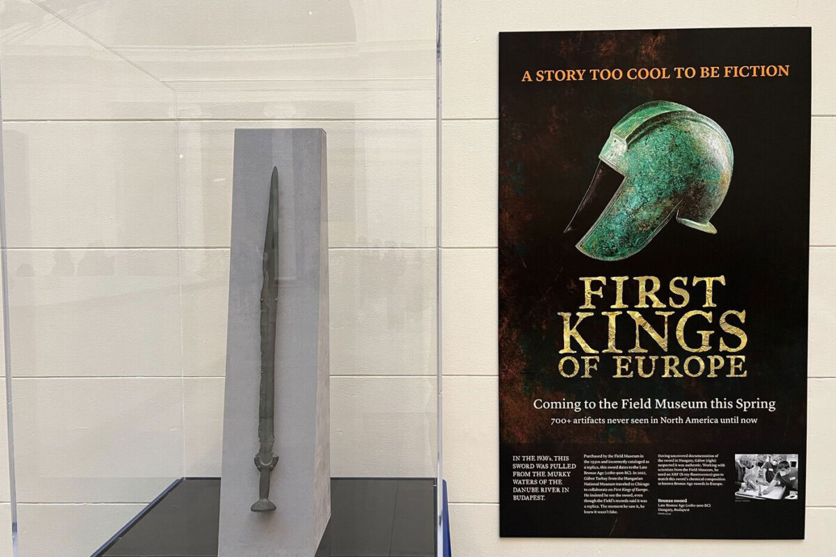 Installation of a Bronze Age Era sword (1080-900 BC) in the Field Museum’s main hall as a preview for an upcoming special exhibition, First Kings of Europe. © Field Museum