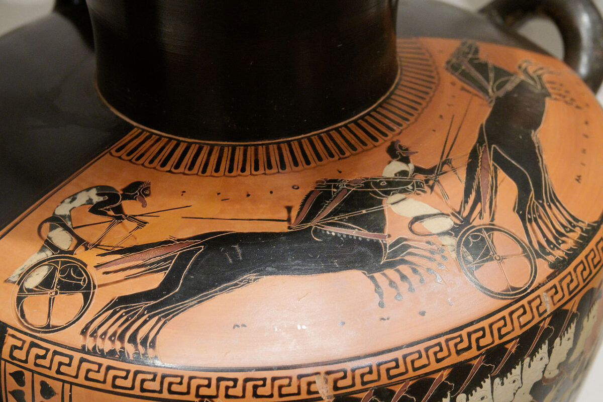 Chariot race. Shoulder of an Attic black-figure hydria, circa 510 BC. To the Priam Painter, recently on view at the Metropolitan Museum. Photo by Marie-Lan Nguyen, via Wikimedia Commons