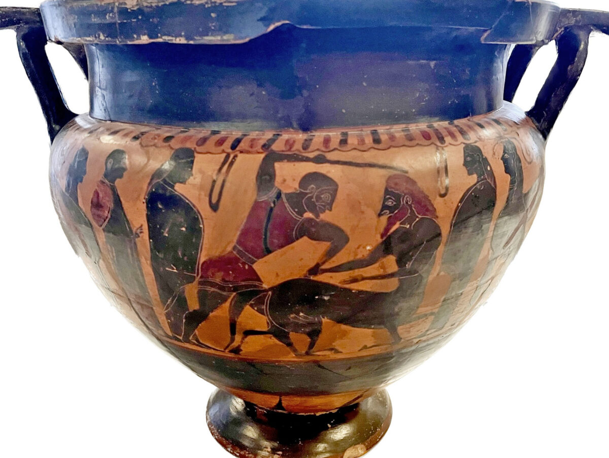 Attic black-figured column krater attributed to the team of the vase painter Lydos. The main scene depicts Hercules fighting the centaur Nessus. Dated around mid- 6th c. BC. Image credit: Ministry of Culture and Sports.