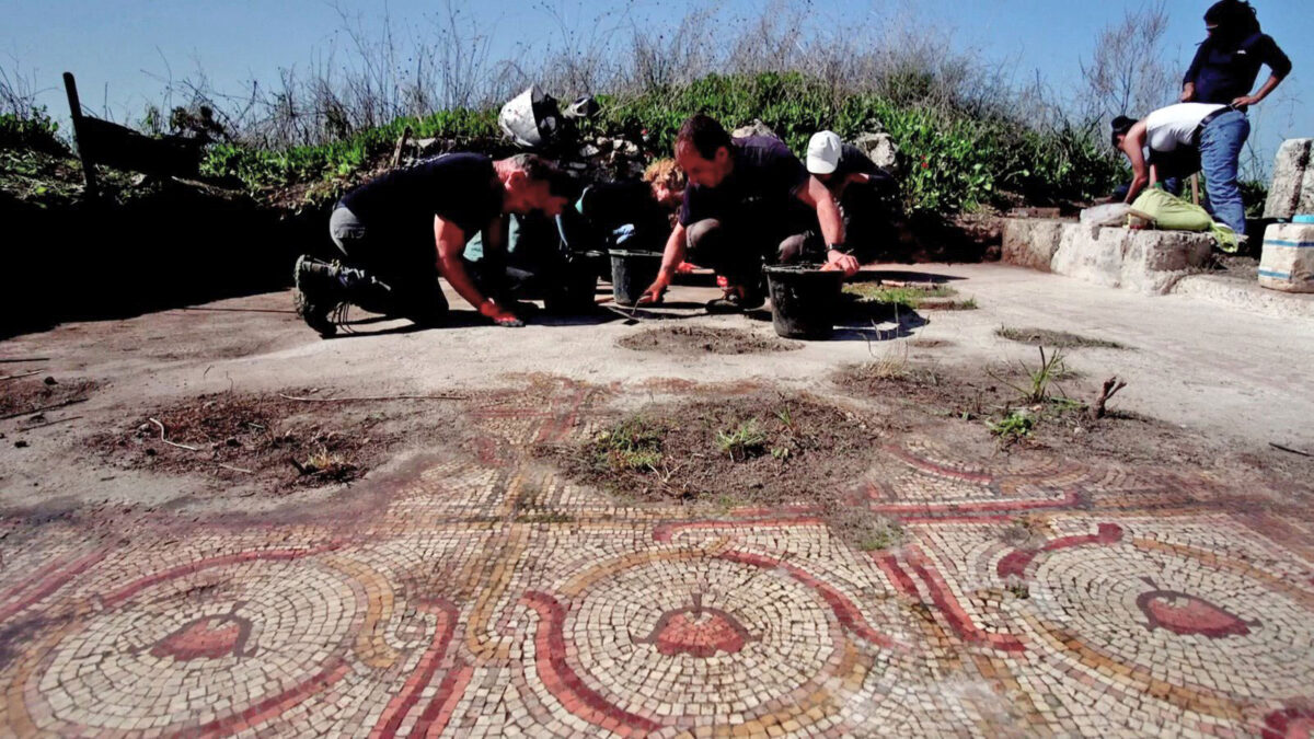 The fine colorful mosaic adorned with the flower designs that are being uncovered is located in the Shoham Industrial Zone. 