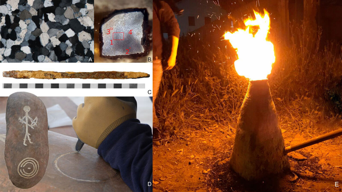 Using geochemicalanalyses, the researchers were able to prove that stone stelae on the Iberian peninsula that date back to the Final Bronze Age feature complex engravings that could only have been done using tempered steel. This was backed up by metallographic analyses of an iron chisel from the same period and region that showed the necessary carbon content to be proper steel. Photos: Rafael Ferreiro Mählmann (A), Bastian Asmus (B), Ralph Araque Gonzalez (C-E)