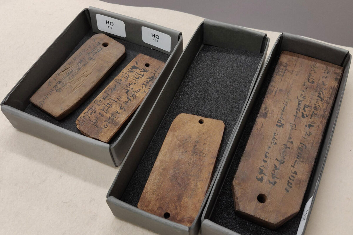 Wooden labels attached to Roman-era mummies. Image Credit: SNSF