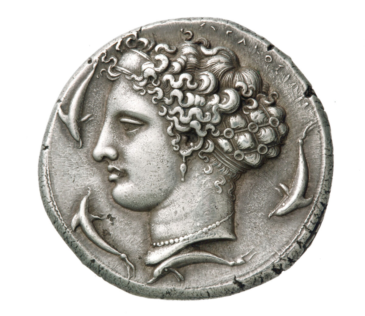 Nymph Arethousa.
Silver decadrachm of Syracuse, Sicily, 400 BC.
