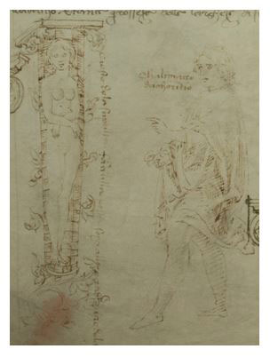Fig. 2. Callimachus in front of the dead Corinthian girl in folium 13 verso of manuscript Ashburnham 361, Laurentian Medicean Library, Florence.