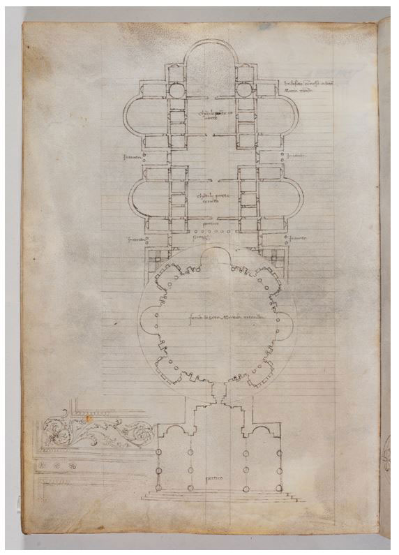 Fig. 5. The baths of Agrippa, the basilica of Neptunus and the Pantheon in in folia 79 verso and 80 recto of the Saluzzian manuscript 148 in the National Library of Turin. 