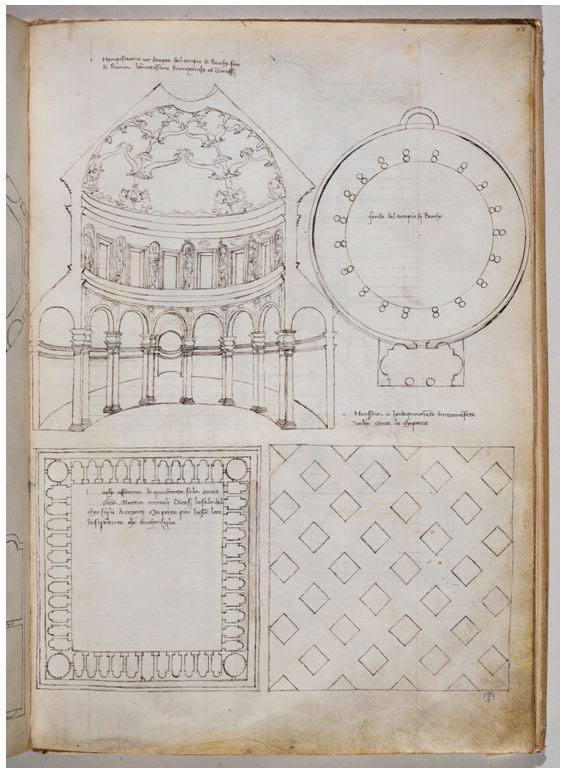 Fig. 7.  The Mausoleum of Saint Constanti(n)a, perhaps the mint of Rome and the ‘Sette Sale’ in folium 88 recto of the Saluzzian manuscript 148 in the National Library of Turin.
