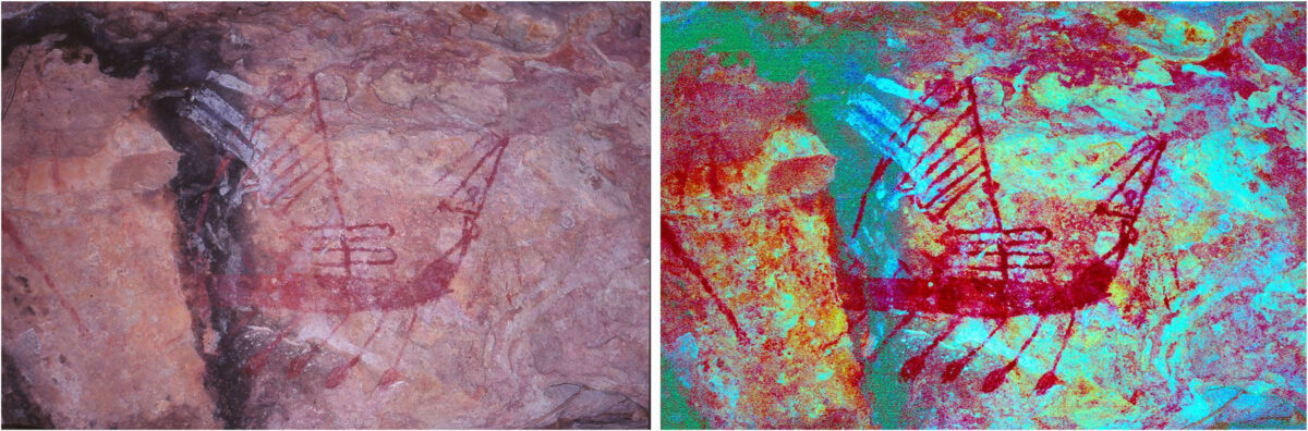 Awunbarna 1, photo (left) taken in 1998 and D-stretch image (right). (Images by Darrell Lewis, 1998 [left] and Daryl Wesley, 2019, after Darrell Lewis [1998] [right].). Credit: Flinders University.