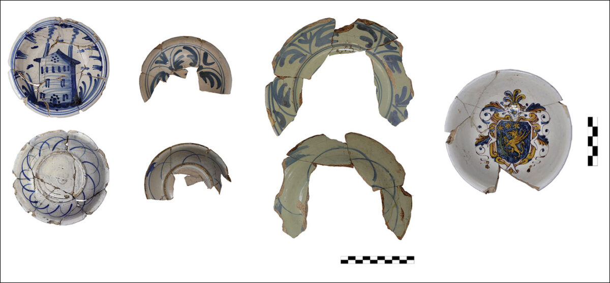Ligurian plate with depiction of a house, two Ligurian plates with floral decoration and a bowl decorated with a heraldic shield, produced in Emilia Romagna. All date to the second half of the sixteenth century AD (photographs by Sovrintendenza Capitolina – The Caesar’s Forum Project).