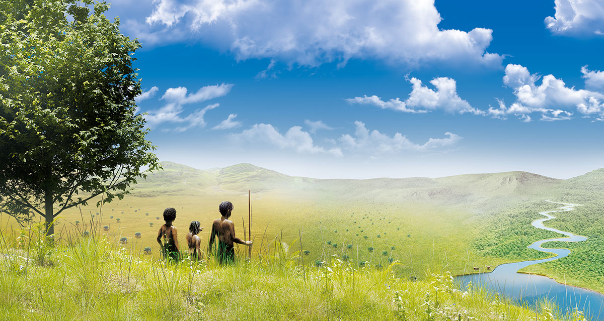 Artist illustration of hominins arriving in a multi-biome mosaic landscape. Such environments were greatly preferred by early humans, according to a new study published in the journal Science by a team of scientists from South Korea and Italy (Copyright, IBS Center for Climate Physics).

