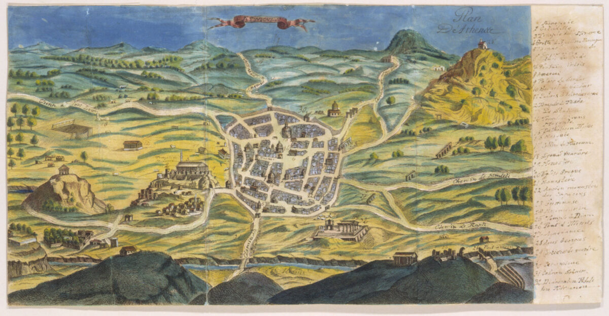 Topographic map of Athens attributed to the Order of Capuchin Monks, 1670. Coloured copper engraving. Benaki Museum ΓΕ 22955.