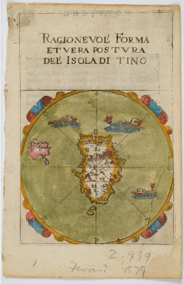 Map of Tinos. Coloured copper engraving. From Francesco Feretti’s edition, “Diporti  Notturni”, Ancona, 1580. Benaki Museum ΦΧ02560. Donated by E. J. Finopoulos.