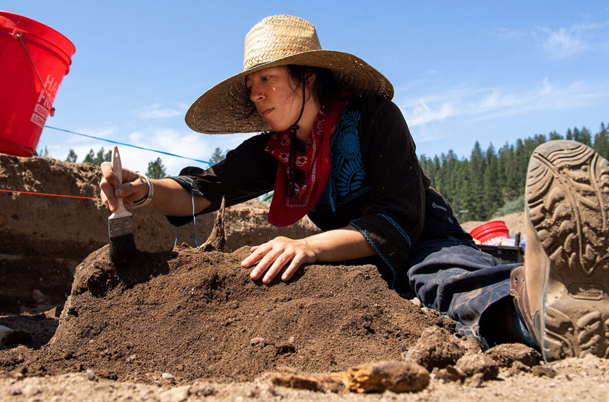 Linda McNulty Perez, a doctoral student at Princeton University, uses a brush to gently remove dirt from a piece of wood that had been buried in dirt below ground level during a collaborative archeological field school run by the Kalispel Tribe, WSU, and Far Western Anthropological Research Group.