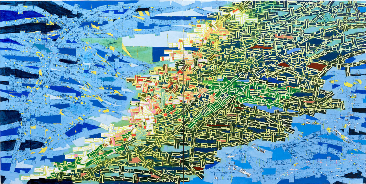 Rick Lowe, “Turbulence”, 2023. Acrylic and paper collage on canvas. 72 x 144 inches (182.9 x 365.8 cm). © Rick Lowe Studio. Photo: Thomas Dubrock. Courtesy the artist and Gagosian.