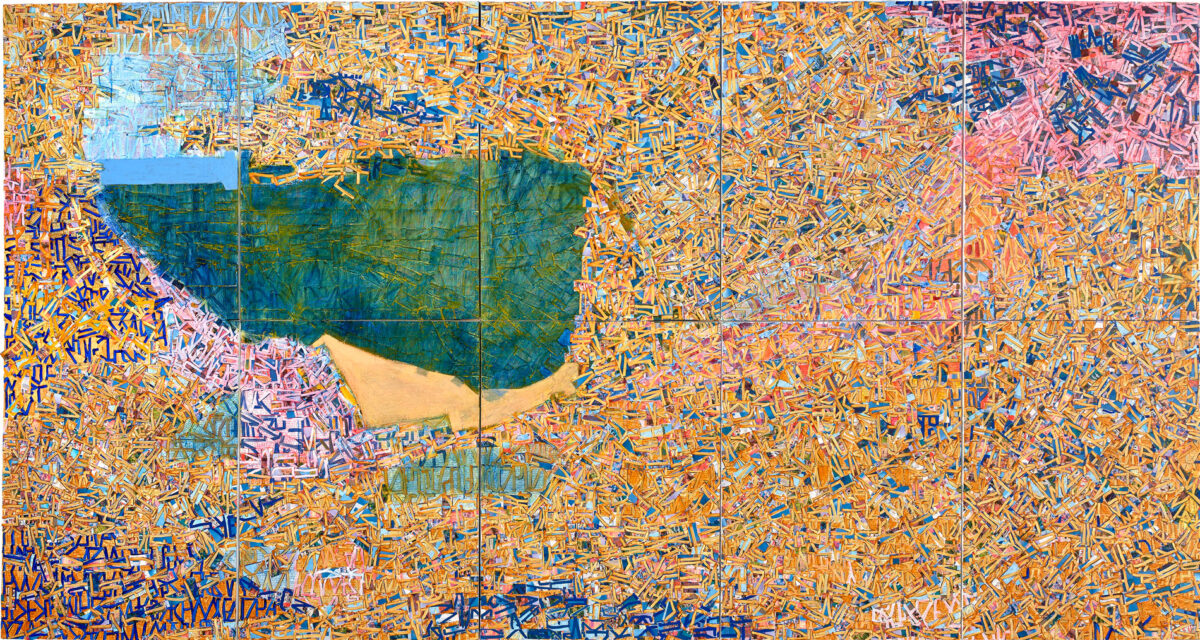 Rick Lowe, “Ithaka #3”, 2023. Acrylic and paper collage on canvas. 96 x 180 inches (243.8 x 457.2 cm). © Rick Lowe Studio. Photo: Thomas Dubrock. Courtesy the artist and Gagosian.