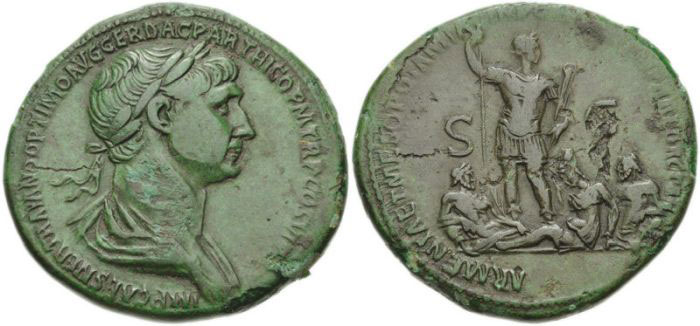 Trajan sestertius commemorating the creation of the provinces of Armenia and Mesopotamia, minted in Rome during the Parthian War. Photo from the Classical Numi archive