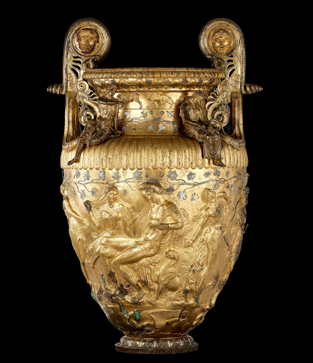The bronze Derveni Krater. The main figures of the relief decoration on the body of the krater are Dionysos and Ariadne, in a sacred wedding scene. 330-320 BC. Archaeological Museum of Thessaloniki. Image source: Ministry of Culture and Sports. 